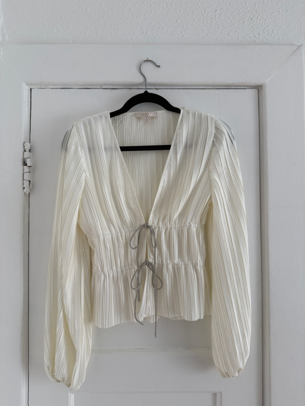 Wayf Cream Pleated Tie-Front Blouse with Gray Ties